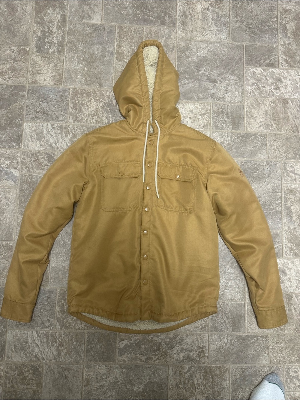 Aeropostale Men's Hooded Sherpa Jacket in Caramel Tan